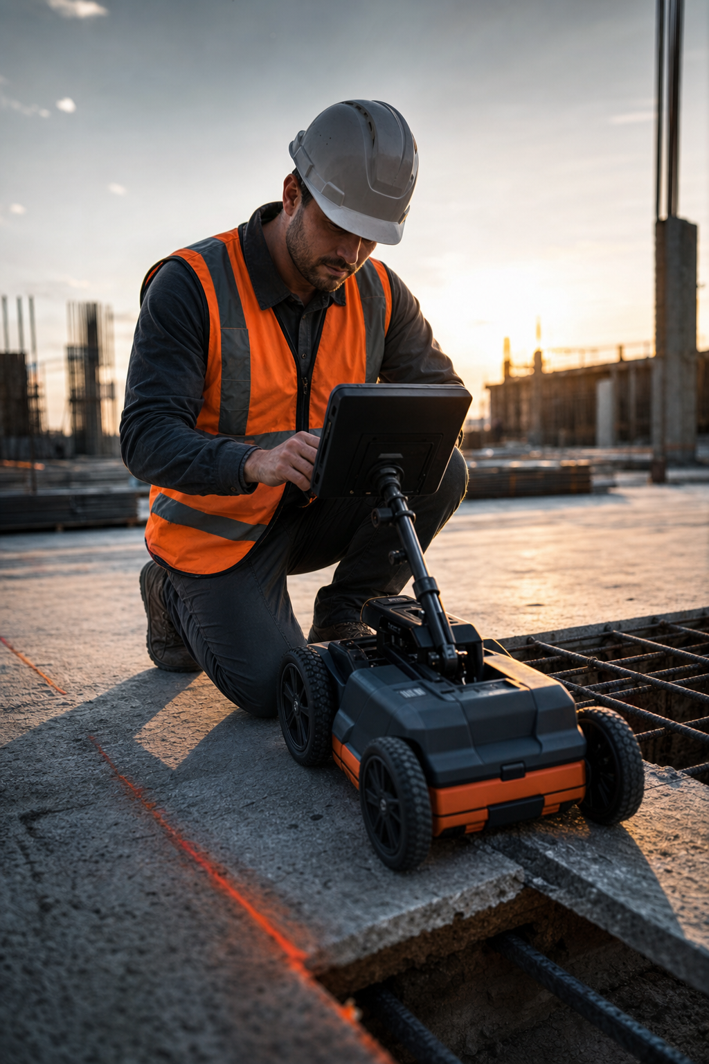 Field service engineer operating a GSSI ground penetrating radar unit on a construction site at sunset