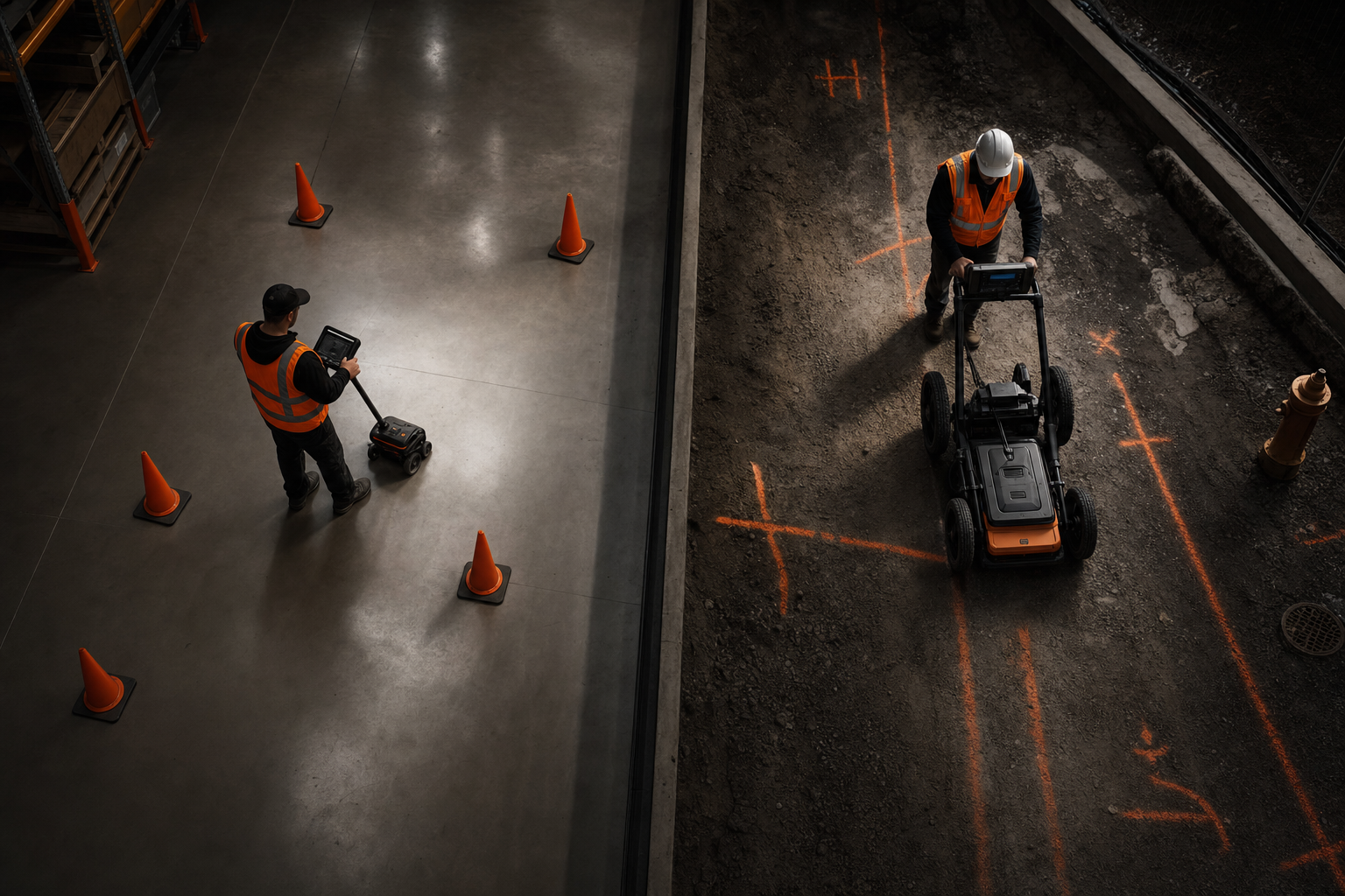 Overhead view showing a technician performing a warehouse scan and a senior engineer marking utility locations outdoors